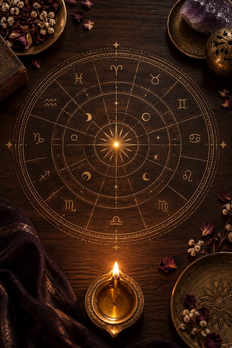 A gilded astrological birth-chart wheel on dark wood
